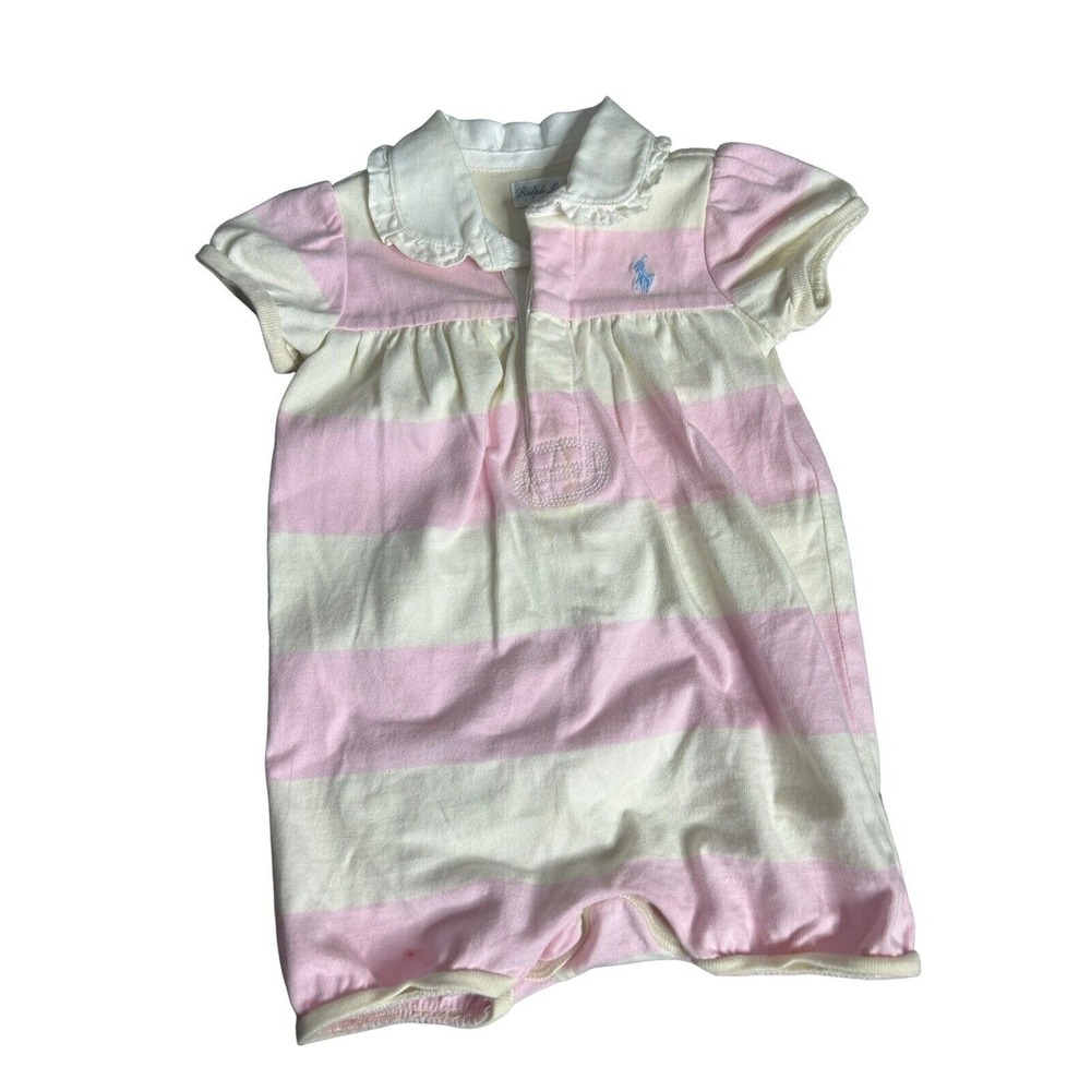 Ralph Lauren polo pink white striped‎ romper one piece girls 9 months